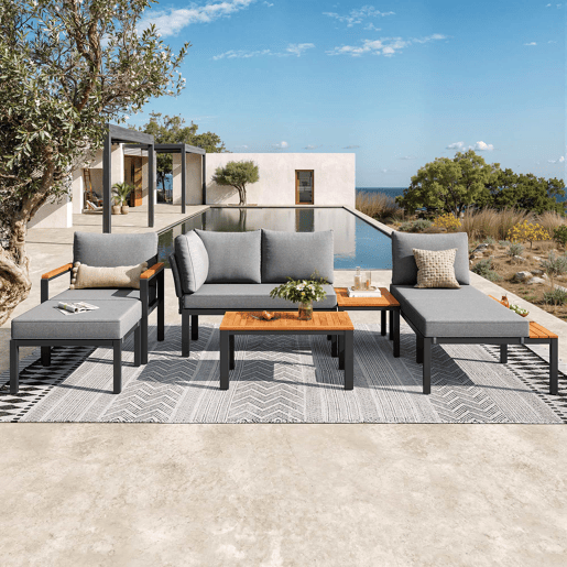 Conjunto de mobiliário de exterior modular - combinação livre, estrutura metálica robusta, almofadas respiráveis e mesas de madeira - cinzento