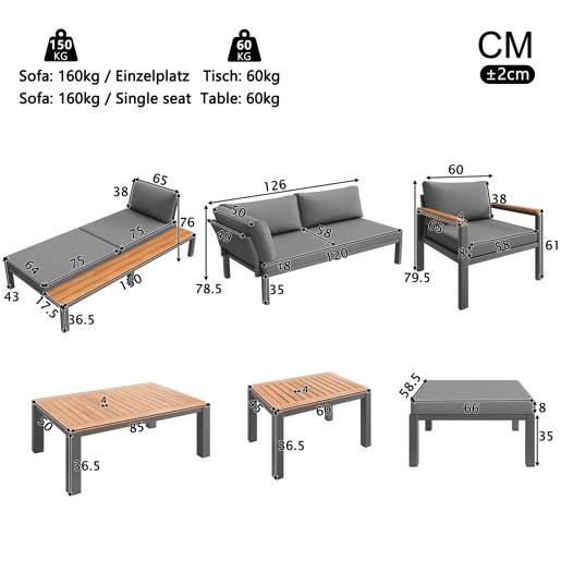 Conjunto de mobiliário de exterior modular - combinação livre, estrutura metálica robusta, almofadas respiráveis e mesas de madeira - cinzento