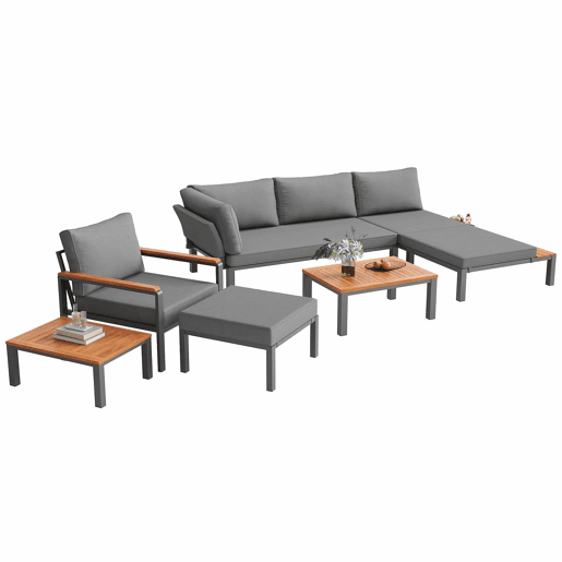 Conjunto de mobiliário de exterior modular - combinação livre, estrutura metálica robusta, almofadas respiráveis e mesas de madeira - cinzento