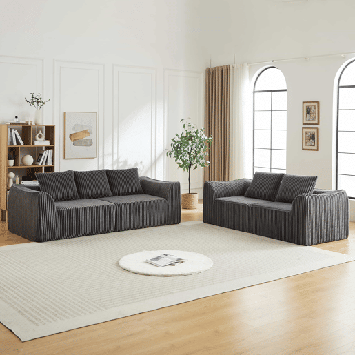 Sofá minimalista de 5 lugares - linhas elegantes, encosto inclinado, 5 almofadas - Cinza