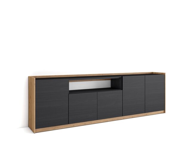 Aparador para salón, gran capacidad de almacenaje, 260x37x80 cm, 5 puertas, armario, zapatero, estilo moderno, negro y roble
