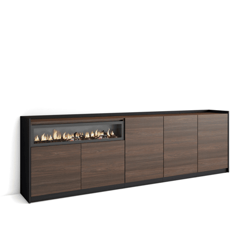 Aparador sala de jantar, Sala, Cozinha, Entrada, TV, 260x37x80 cm, 5 Portas, Lareira eléctrica, Estilo moderno, Carvalho escuro e Preto