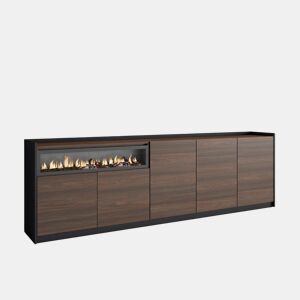 Aparador sala de jantar, Sala, Cozinha, Entrada, TV, 260x37x80 cm, 5 Portas, Lareira eléctrica, Estilo moderno, Carvalho escuro e Preto