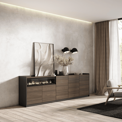 Aparador sala de jantar, Sala, Cozinha, Entrada, TV, 260x37x80 cm, 5 Portas, Lareira eléctrica, Estilo moderno, Carvalho escuro e Preto