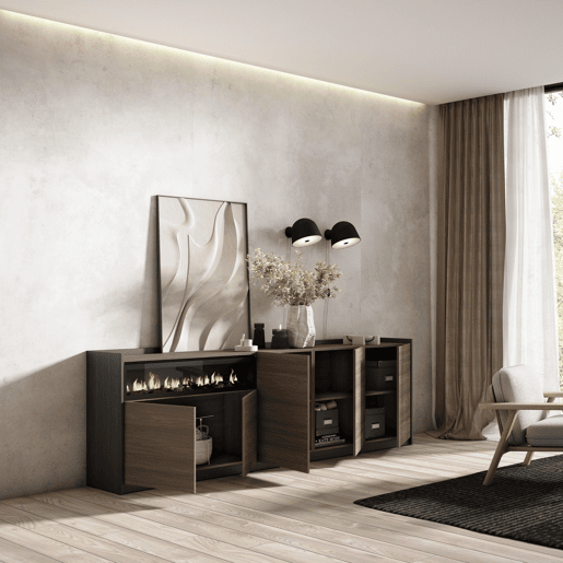 Aparador sala de jantar, Sala, Cozinha, Entrada, TV, 260x37x80 cm, 5 Portas, Lareira eléctrica, Estilo moderno, Carvalho escuro e Preto