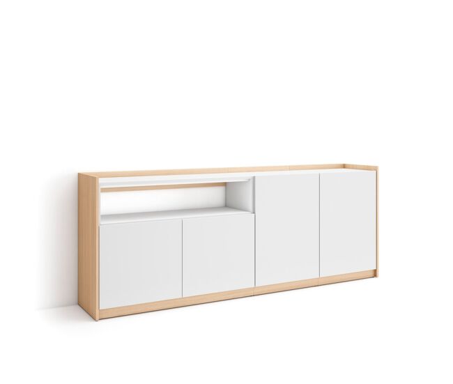 Aparador para salón, gran capacidad de almacenaje, 207x37x80 cm, 4 puertas, armario, zapatero, estilo moderno, blanco y roble soft