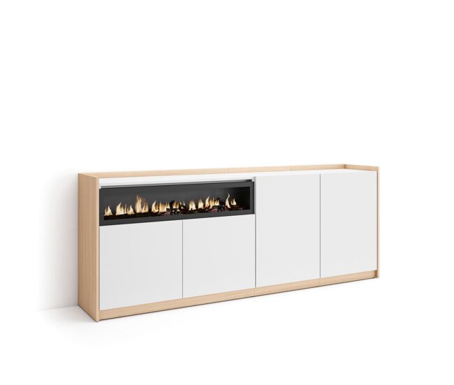 Aparador para salón, gran capacidad de almacenaje, 207x37x80 cm, 4 puertas, chimenea eléctrica, estilo moderno, blanco y roble soft