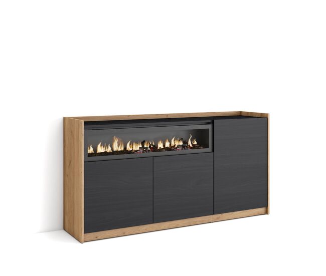 Aparador para salón, gran capacidad de almacenaje, 156x37x80 cm, 3 puertas, chimenea eléctrica, estilo moderno, negro y roble