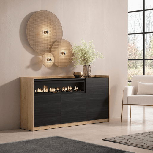 Aparador sala de jantar, Sala, Cozinha, Entrada, TV, 156x37x80 cm, 3 Portas, Lareira eléctrica, Estilo moderno, Preto e Carvalho Aparador sala de jantar, Sala, Cozinha, Entrada, TV, 156x37x80 cm, 3 Portas, Lareira eléctrica, Estilo moderno, Preto e Carvalho