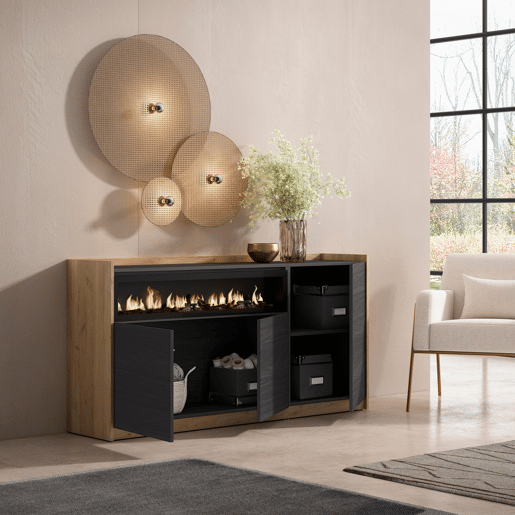 Aparador sala de jantar, Sala, Cozinha, Entrada, TV, 156x37x80 cm, 3 Portas, Lareira eléctrica, Estilo moderno, Preto e Carvalho Aparador sala de jantar, Sala, Cozinha, Entrada, TV, 156x37x80 cm, 3 Portas, Lareira eléctrica, Estilo moderno, Preto e Carvalho
