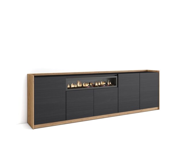 Aparador para salón, gran capacidad de almacenaje, 260x37x80 cm, 5 puertas, chimenea eléctrica, estilo moderno, negro y roble