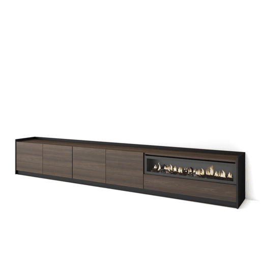 Móvel de TV, Muito espaço de arrumação, 310x37x50 cm, Para televisores até 80, Lareira eléctrica, Estilo moderno, Carvalho escuro e Preto Móvel de TV, Muito espaço de arrumação, 310x37x50 cm, Para televisores até 80, Lareira eléctrica, Estilo moderno, Carvalho escuro e Preto