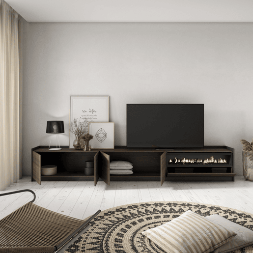 Móvel de TV, Muito espaço de arrumação, 310x37x50 cm, Para televisores até 80, Lareira eléctrica, Estilo moderno, Carvalho escuro e Preto Móvel de TV, Muito espaço de arrumação, 310x37x50 cm, Para televisores até 80, Lareira eléctrica, Estilo moderno, Carvalho escuro e Preto