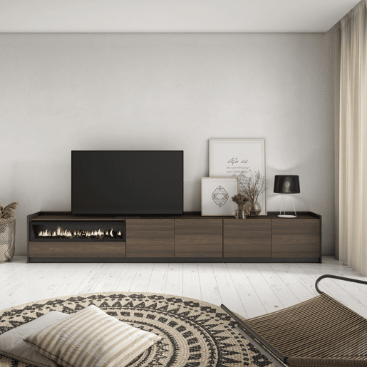 Móvel de TV, Muito espaço de arrumação, 310x37x50 cm, Para televisores até 80, Lareira eléctrica, Estilo moderno, Carvalho escuro e Preto