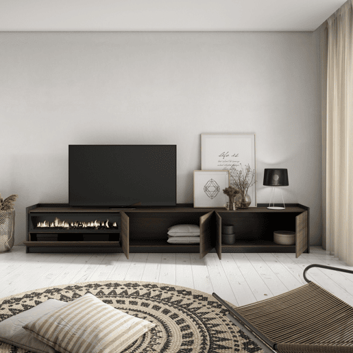 Móvel de TV, Muito espaço de arrumação, 310x37x50 cm, Para televisores até 80, Lareira eléctrica, Estilo moderno, Carvalho escuro e Preto