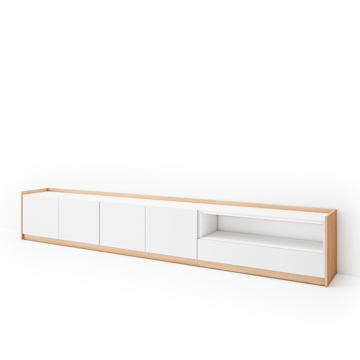 mueble tv television muebles de salon almacenaje 310x37x50 cm para tv hasta 80 con almacenamiento estilo moderno blanco y roble soft
