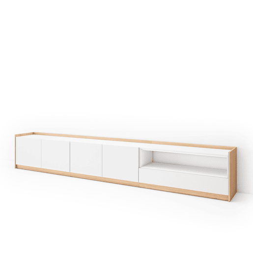 Móvel de TV, Muito espaço de arrumação, 310x37x50 cm, Para televisores até 80, Estante para TV, Estilo moderno, Branco e Carvalho soft