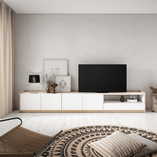 Móvel de TV, Muito espaço de arrumação, 310x37x50 cm, Para televisores até 80, Estante para TV, Estilo moderno, Branco e Carvalho soft