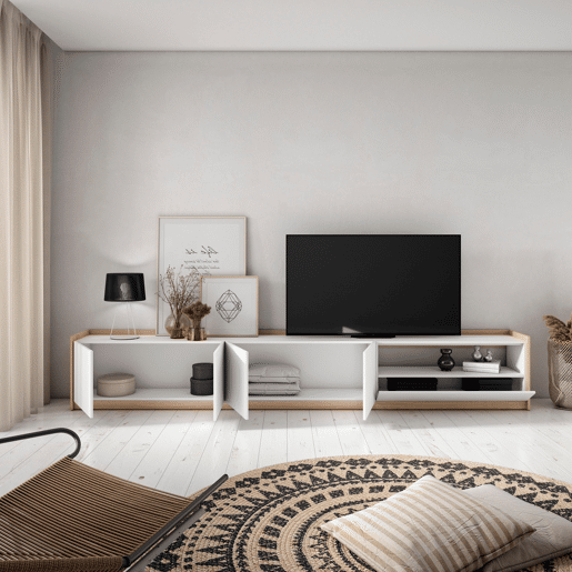 Móvel de TV, Muito espaço de arrumação, 310x37x50 cm, Para televisores até 80, Estante para TV, Estilo moderno, Branco e Carvalho soft