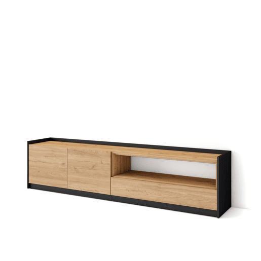 Móvel de TV, Muito espaço de arrumação, 207x37x50 cm, Para televisores até 80, Estante para TV, Estilo moderno, Carvalho e preto