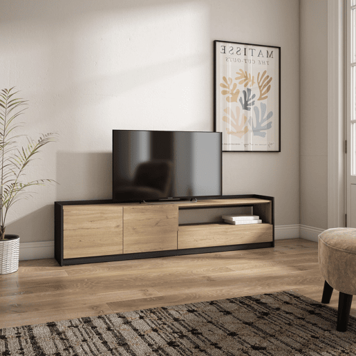 Móvel de TV, Muito espaço de arrumação, 207x37x50 cm, Para televisores até 80, Estante para TV, Estilo moderno, Carvalho e preto