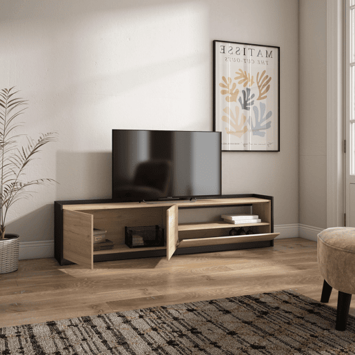 Móvel de TV, Muito espaço de arrumação, 207x37x50 cm, Para televisores até 80, Estante para TV, Estilo moderno, Carvalho e preto