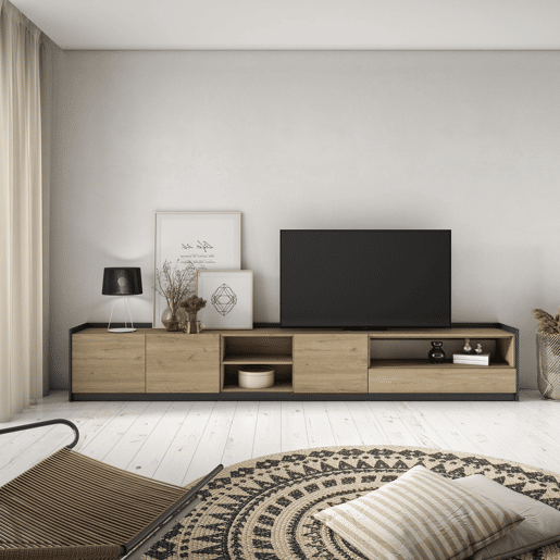 Móvel de TV, Muito espaço de arrumação, 310x37x50 cm, Para televisores até 80, Estante para TV, Estilo moderno, Carvalho e preto