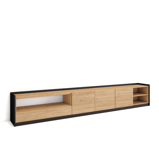 Móvel de TV, Muito espaço de arrumação, 310x37x50 cm, Para televisores até 80, Estante para TV, Estilo moderno, Carvalho e preto Móvel de TV, Muito espaço de arrumação, 310x37x50 cm, Para televisores até 80, Estante para TV, Estilo moderno, Carvalho e preto