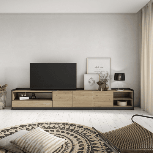 Móvel de TV, Muito espaço de arrumação, 310x37x50 cm, Para televisores até 80, Estante para TV, Estilo moderno, Carvalho e preto Móvel de TV, Muito espaço de arrumação, 310x37x50 cm, Para televisores até 80, Estante para TV, Estilo moderno, Carvalho e preto