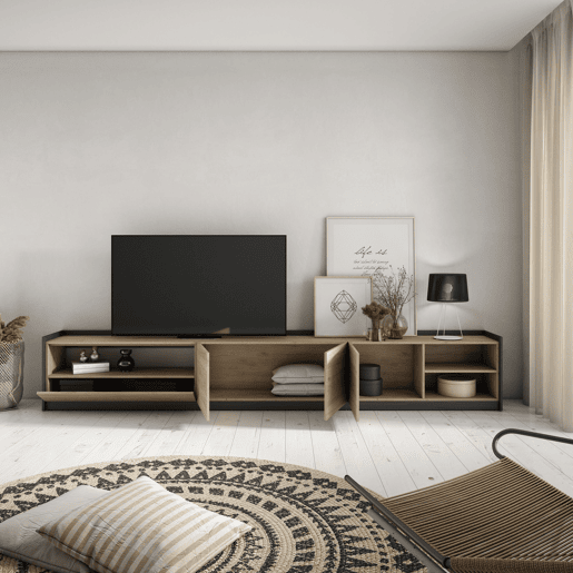 Móvel de TV, Muito espaço de arrumação, 310x37x50 cm, Para televisores até 80, Estante para TV, Estilo moderno, Carvalho e preto Móvel de TV, Muito espaço de arrumação, 310x37x50 cm, Para televisores até 80, Estante para TV, Estilo moderno, Carvalho e preto
