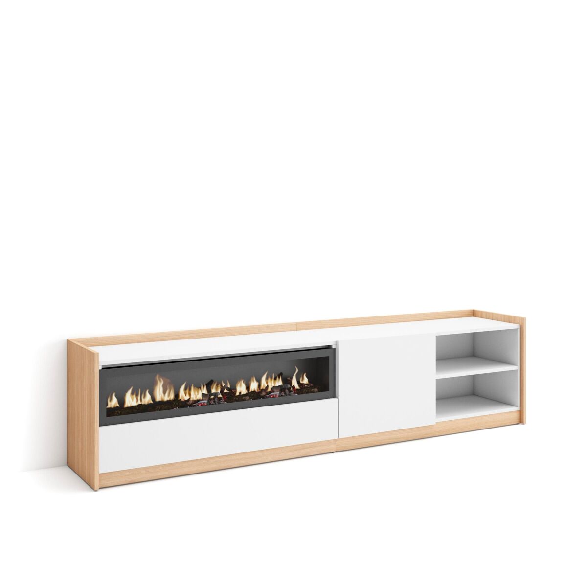 Mueble tv, televisión, muebles de salón, almacenaje, 207x37x50 cm, para tv hasta 80", chimenea eléctrica, estilo moderno, blanco y roble soft