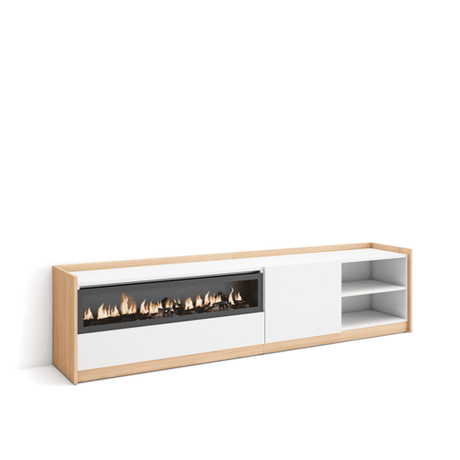Móvel de TV, Muito espaço de arrumação, 207x37x50 cm, Para televisores até 80, Lareira eléctrica, Estilo moderno, Branco e Carvalho soft