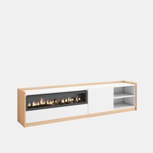 Móvel de TV, Muito espaço de arrumação, 207x37x50 cm, Para televisores até 80, Lareira eléctrica, Estilo moderno, Branco e Carvalho soft