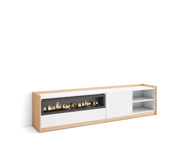 Mueble tv, televisión, muebles de salón, almacenaje, 207x37x50 cm, para tv hasta 80", chimenea eléctrica, estilo moderno, blanco y roble soft