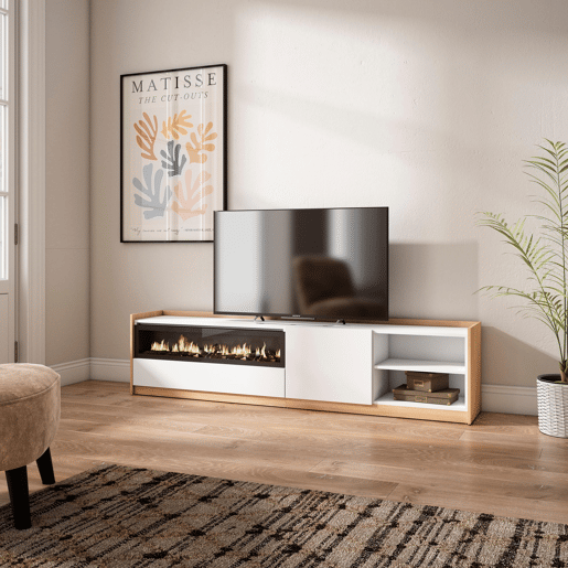 Móvel de TV, Muito espaço de arrumação, 207x37x50 cm, Para televisores até 80, Lareira eléctrica, Estilo moderno, Branco e Carvalho soft