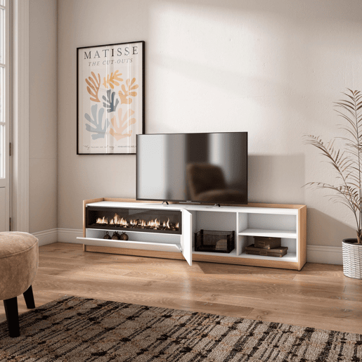 Móvel de TV, Muito espaço de arrumação, 207x37x50 cm, Para televisores até 80, Lareira eléctrica, Estilo moderno, Branco e Carvalho soft