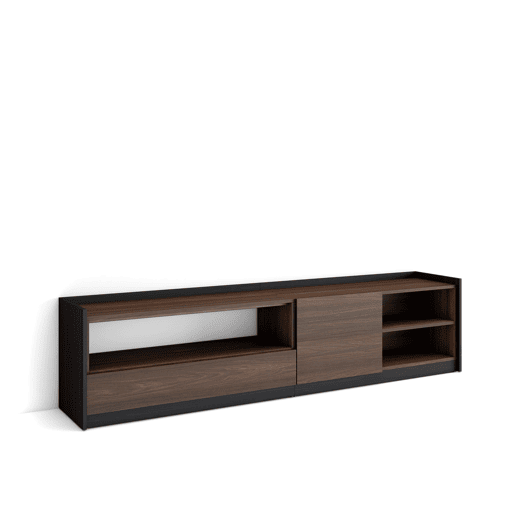 Móvel de TV, Muito espaço de arrumação, 207x37x50 cm, Para televisores até 80, Estante para TV, Estilo moderno, Carvalho escuro e Preto Móvel de TV, Muito espaço de arrumação, 207x37x50 cm, Para televisores até 80, Estante para TV, Estilo moderno, Carvalho escuro e Preto
