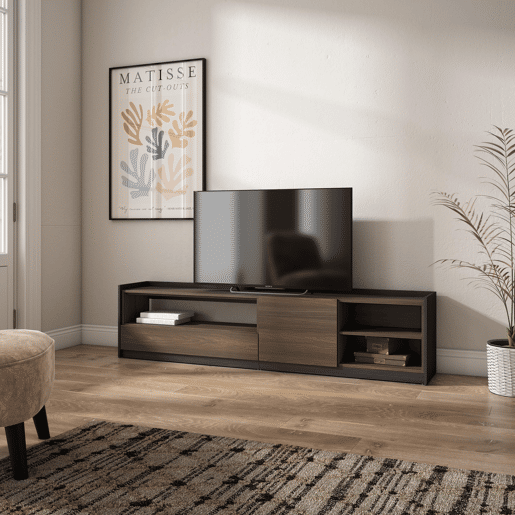 Móvel de TV, Muito espaço de arrumação, 207x37x50 cm, Para televisores até 80, Estante para TV, Estilo moderno, Carvalho escuro e Preto Móvel de TV, Muito espaço de arrumação, 207x37x50 cm, Para televisores até 80, Estante para TV, Estilo moderno, Carvalho escuro e Preto