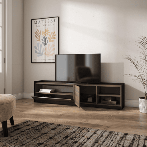 Móvel de TV, Muito espaço de arrumação, 207x37x50 cm, Para televisores até 80, Estante para TV, Estilo moderno, Carvalho escuro e Preto Móvel de TV, Muito espaço de arrumação, 207x37x50 cm, Para televisores até 80, Estante para TV, Estilo moderno, Carvalho escuro e Preto