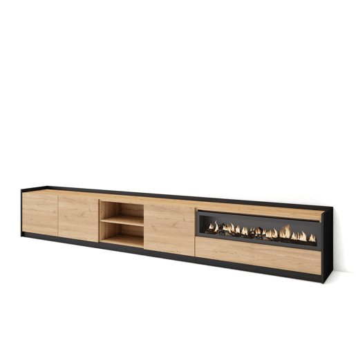 Móvel de TV, Muito espaço de arrumação, 310x37x50 cm, Para televisores até 80, Lareira eléctrica, Estilo moderno, Carvalho e preto Móvel de TV, Muito espaço de arrumação, 310x37x50 cm, Para televisores até 80, Lareira eléctrica, Estilo moderno, Carvalho e preto