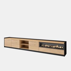 Móvel de TV, Muito espaço de arrumação, 310x37x50 cm, Para televisores até 80, Lareira eléctrica, Estilo moderno, Carvalho e preto