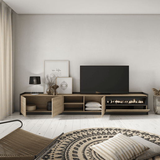 Móvel de TV, Muito espaço de arrumação, 310x37x50 cm, Para televisores até 80, Lareira eléctrica, Estilo moderno, Carvalho e preto Móvel de TV, Muito espaço de arrumação, 310x37x50 cm, Para televisores até 80, Lareira eléctrica, Estilo moderno, Carvalho e preto