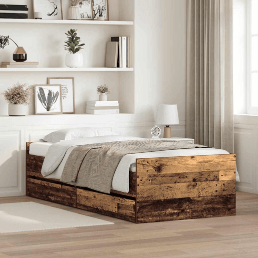 Estrutura de cama de solteiro para adultos com gaveta - Madeira Antiga 100 x 200 cm