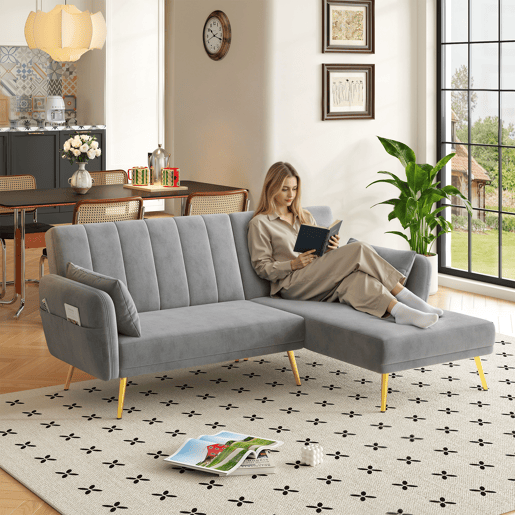 Sofá-cama dobrável 3 lugares conversível reversível de veludo,cinza