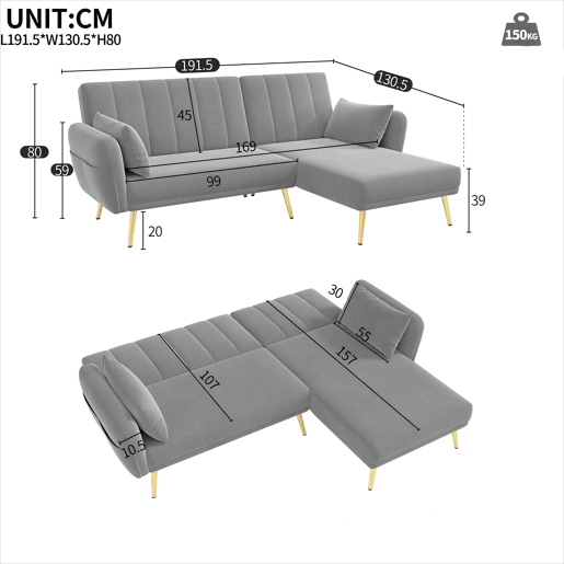 Sofá-cama dobrável 3 lugares conversível reversível de veludo,cinza