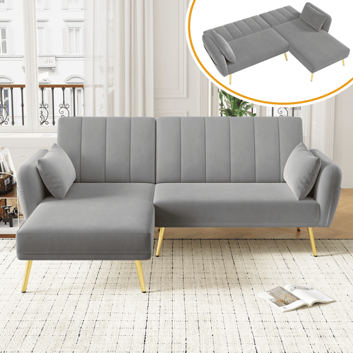 Sofá-cama dobrável 3 lugares conversível reversível de veludo,cinza