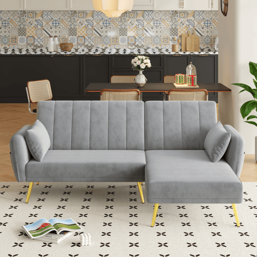 Sofá-cama dobrável 3 lugares conversível reversível de veludo,cinza