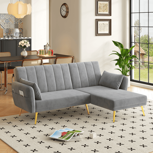 Sofá-cama dobrável 3 lugares conversível reversível de veludo,cinza