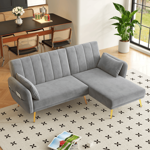 Sofá-cama dobrável 3 lugares conversível reversível de veludo,cinza