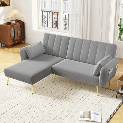 Sofá-cama dobrável 3 lugares conversível reversível de veludo,cinza